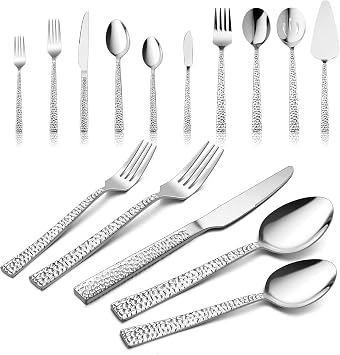 HaWare 45-Piece Hammered Silverware Set with Serving Utensils, Stainless Steel Flatware with Square Edge for 8, Fancy Cutlery Tableware, Include Knifes Forks Spoons, Mirror Polished, Dishwasher Safe