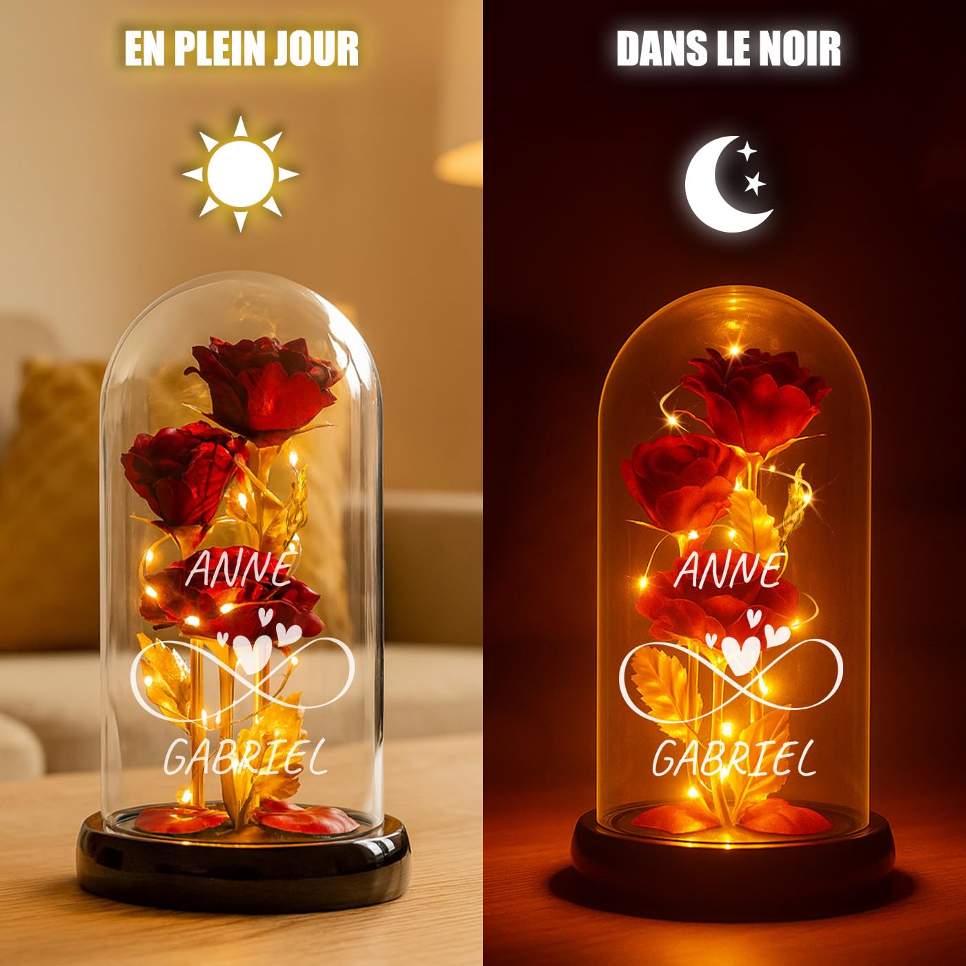 Maverton Rose Eternelle sous Cloche LED avec Gravure - Rose Immortelle Rouge avec Lumière Chaude LED - Idee Cadeau Couple - Cadeau Personnalisé Amour pour Amis Saint-Valentin Mariage - Amour Infini