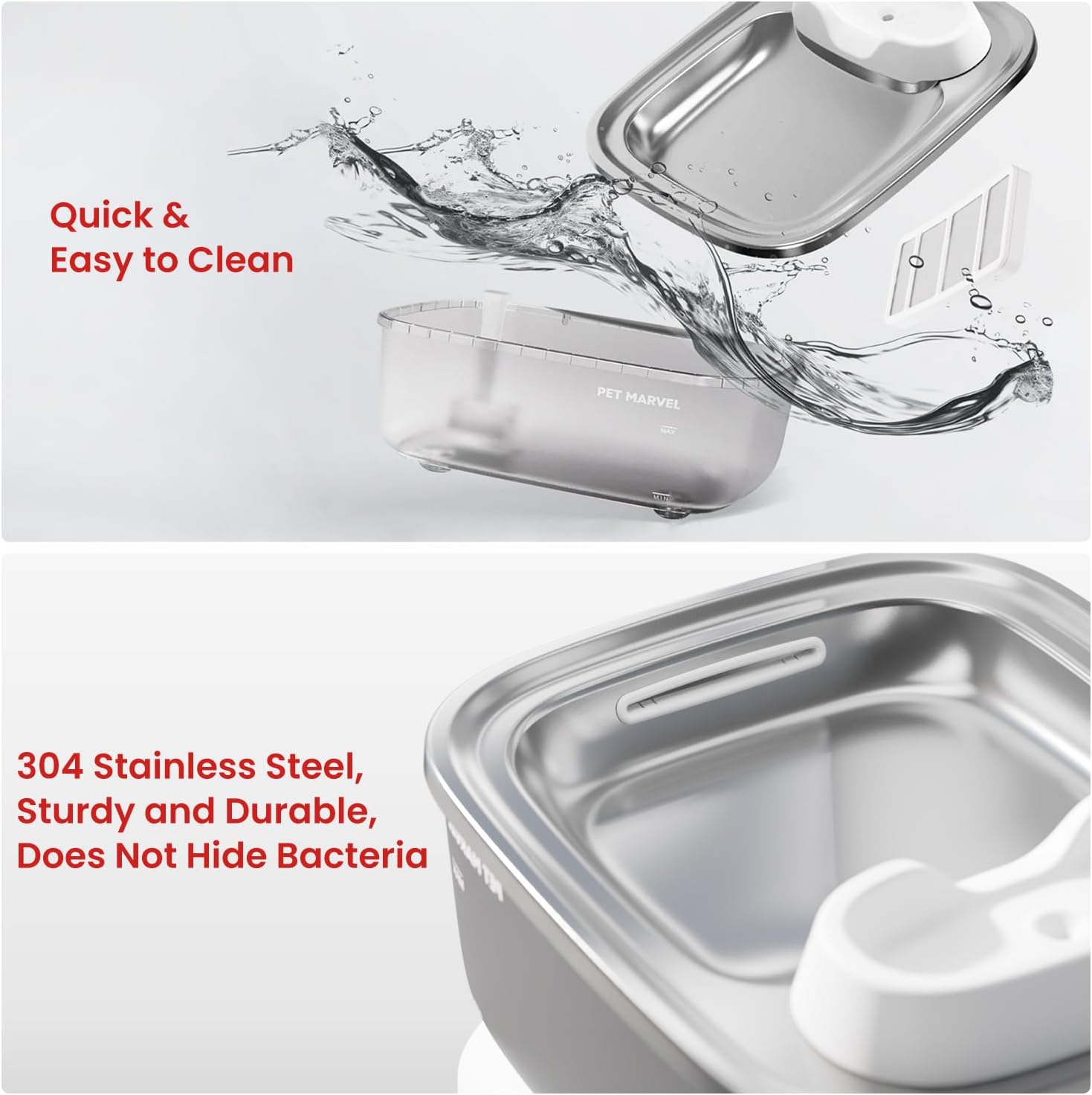 Diagram showing the PET Marvel F2 V2 water fountain being disassembled for cleaning, highlighting the 304 stainless steel bowl.