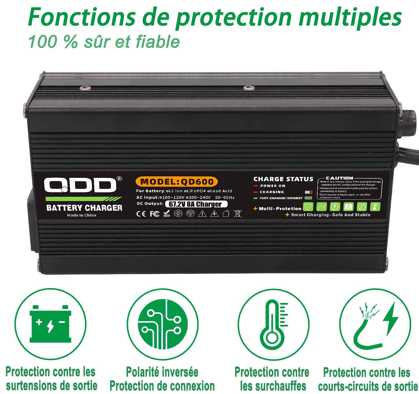 QDD Chargeur Intelligent De Batterie Li-ION 67,2 V 8 A avec Boîtier en Aluminium Noir et Sortie de Ventilateur de Refroidissement GX16 1+3 Prises pour Batterie Li-ION 16 S 60 V