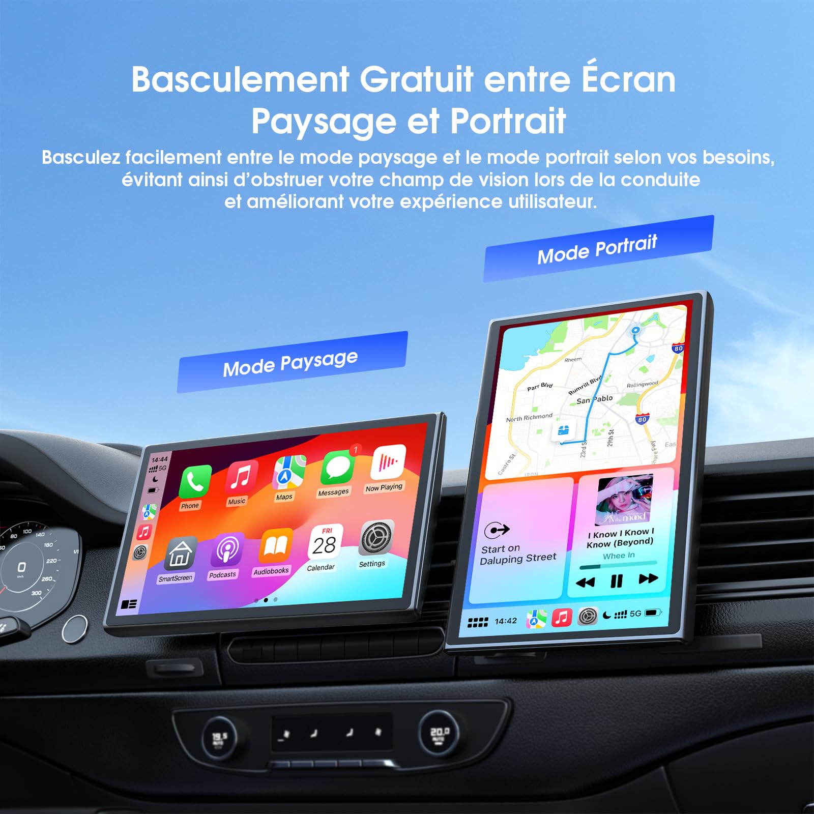 Avylet Écran 7'' A-pple Carplay Voiture, Android Auto sans Fil Tactile Portable, Navigation GPS, Contrôle Vocal Google/Siri, Radio Bluetooth, AUX/FM, Mirror Link, OTA