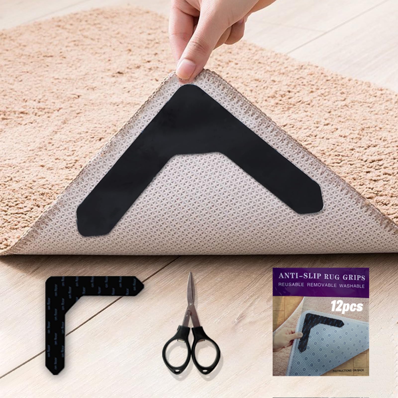 Rug Gripper Slip Rug, Reusable and Washable Double Sided Rug Tape, Strong Adhesive Rug Gripper for Hardwood Floors, Keep Corners Flat, Non Slip for