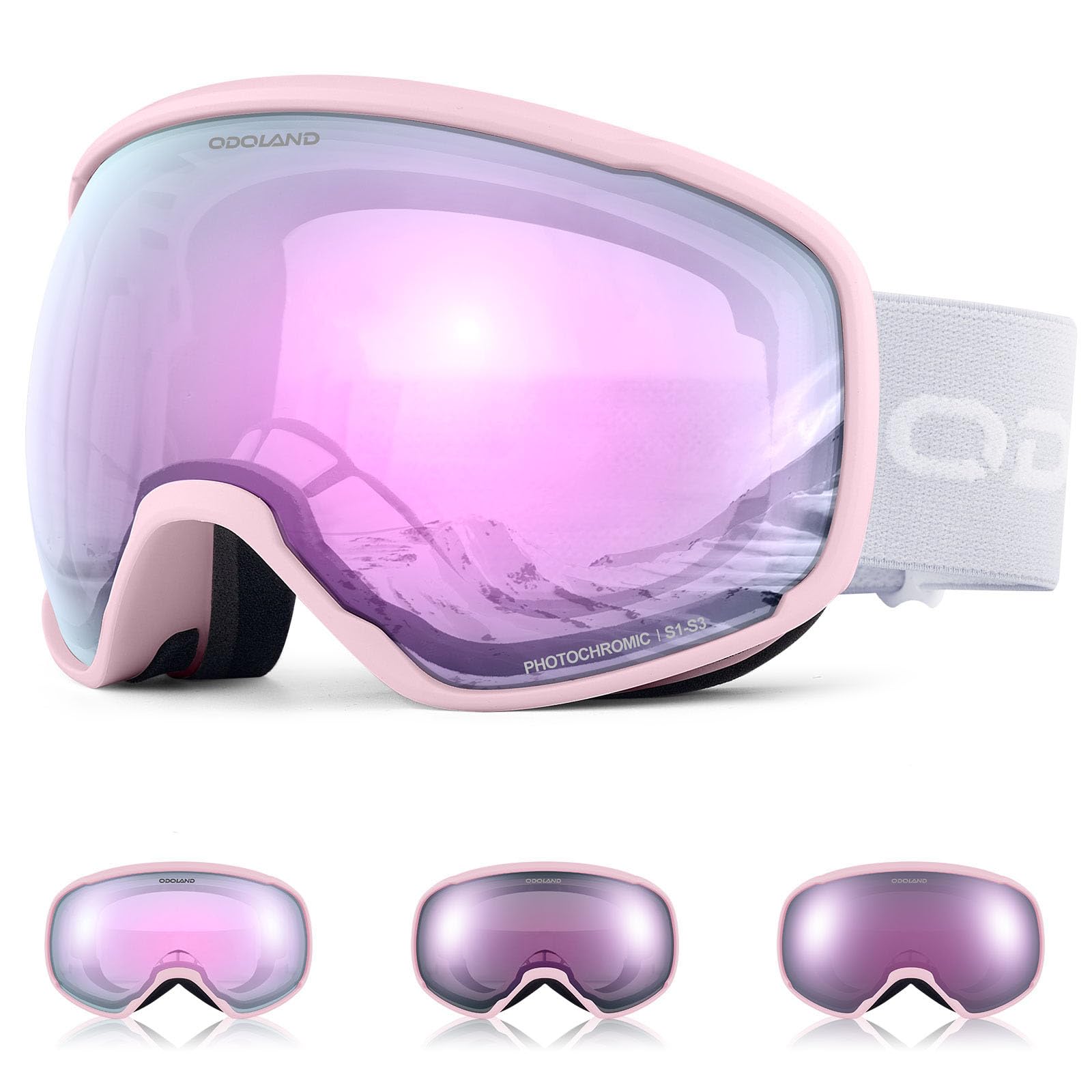 Odoland Photochromic Ski Goggles for Sunny and Cloudy Days, Anti-Fog OTG UV Protection Snowboard Goggles for Men Women Youth, pink