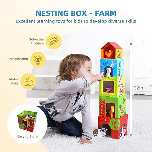 Miniatura 5 de OOOK Juguetes Montessori para niños de 1 año, kit educativo de aprendizaje 7 en 1 con cubo sensorial, caja de anidación, caja educativa 3 en 1,