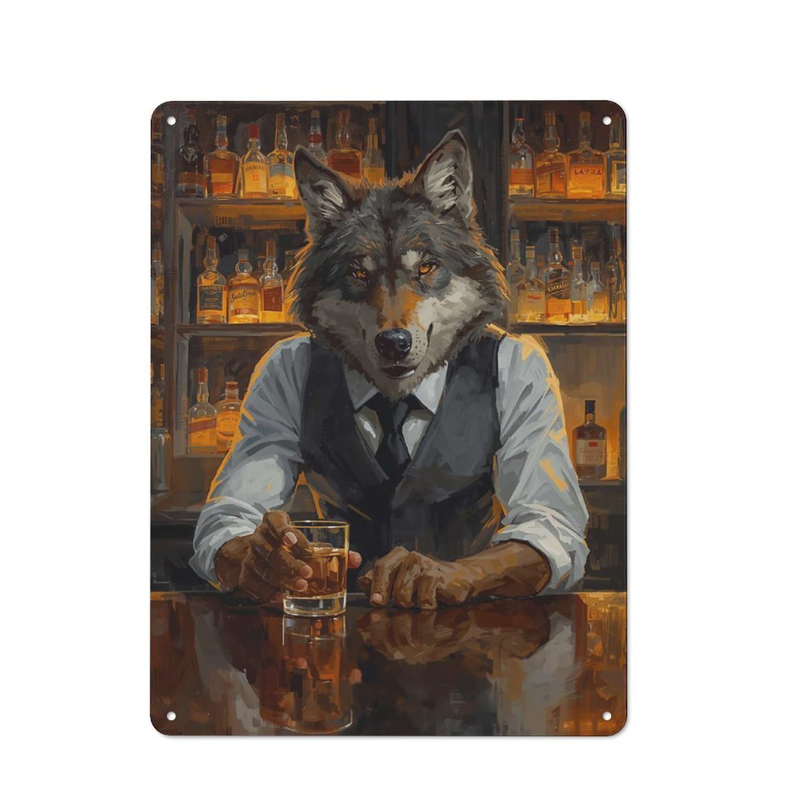 For Hobby Room Or Studio, Wolf Bartender with Whiskey Rustic Metal Sign 40x30cm, for Creative Interior Collectors Refreshing A Room in Autumn