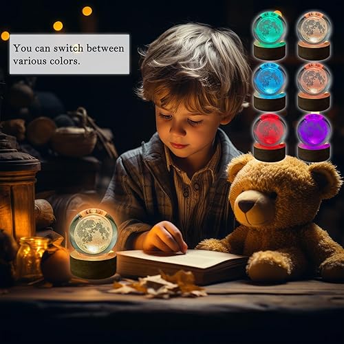 Miniatura 8 de TUUWAI Bola de cristal de luna 3D de 2.36 pulgadas con lámpara LED, base de madera colorida luz nocturna con bola brillante extraíble, luz cambiante
