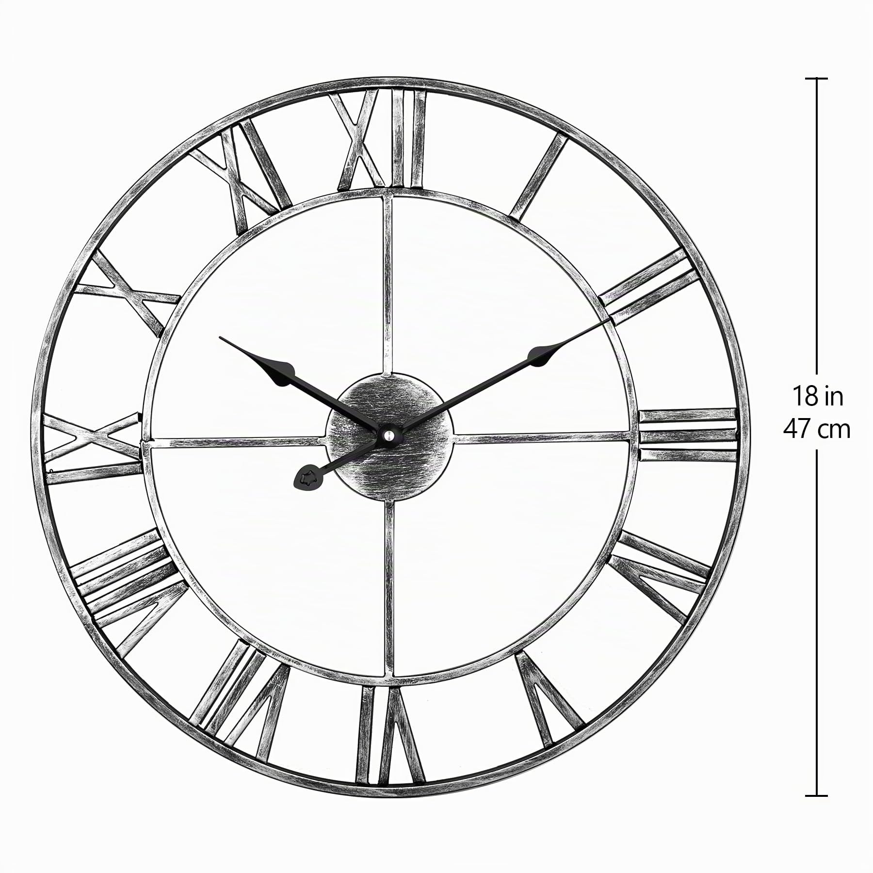 Leise Wanduhr, europäisches Bauernhaus, Vintage-Uhr mit römischen Ziffern, 47 cm, Nicht tickend, batteriebetrieben, Metallskelett, dekorative Uhr für Zuhause, Küche, Café (Silber)