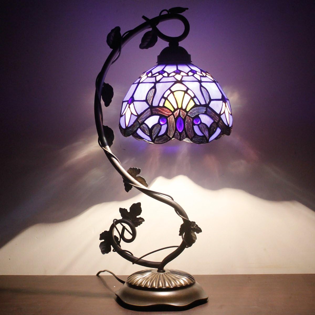 New Product Bedside Table Lamp, Stained Glass Lamp Minimalist Tiffany Style Banker Desk Light with Metal Leaf Thin Base for Small Space of Living Room, Bedroom, Kids Room,Dorm, Dresser, Office(LED Bulb Included)