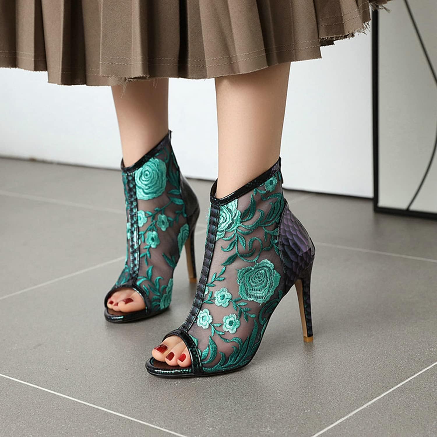 Damskie koronkowe siatkowe kwiaty haftowane szpilki botki peep toe tył zamek błyskawiczny bootie lato moda klub nocny impreza czółenka buty uda
