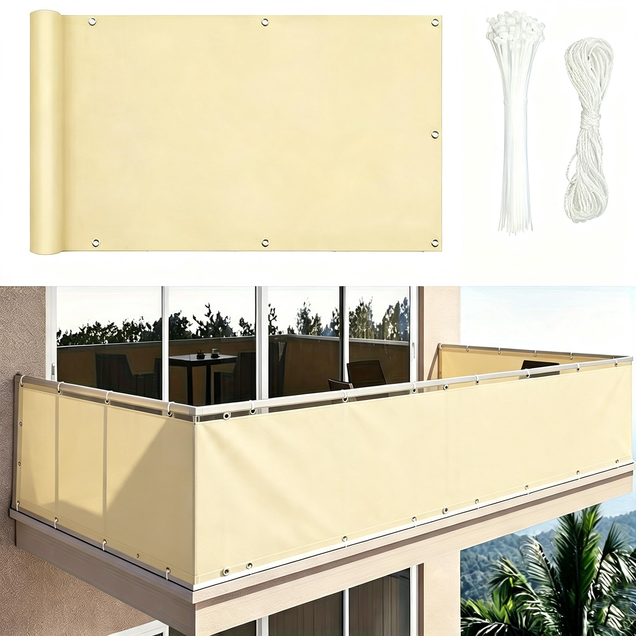 Cubierta de Malla para cercas de privacidad Balcones - 3.8x3.2M/380x320CM Amarillo Claro - Malla Sombra cercas, Parasol Resistente al Viento, protección Exteriores, Patios, Jardines y porches