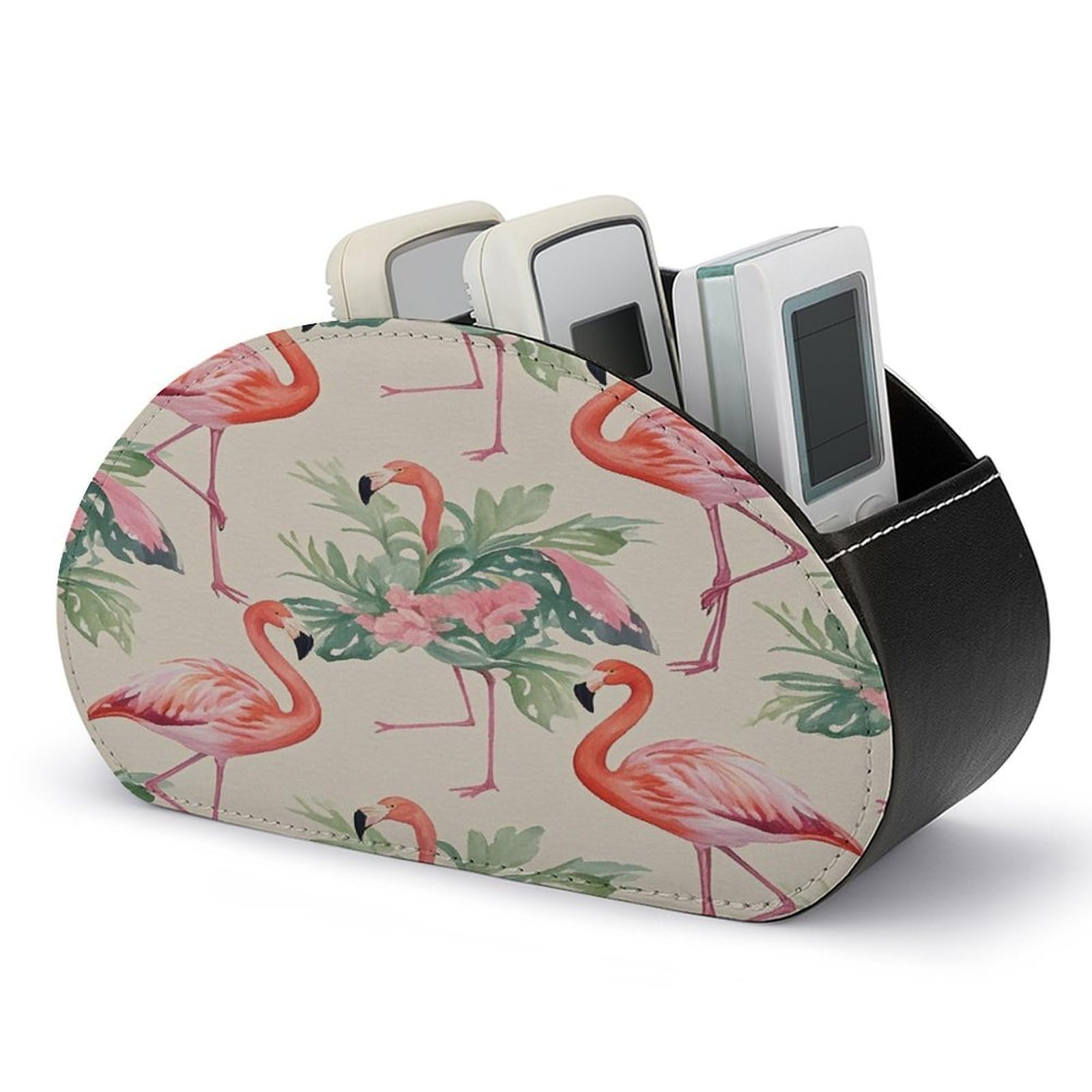 LZQPOEAS Watercolor Flamingo Remote Control Holder with 5 Compartments PU Leather Remote Organizer Box Caddy for Table Nightstand Remote Caddy Desktop Organizer Fits Media Controllers
