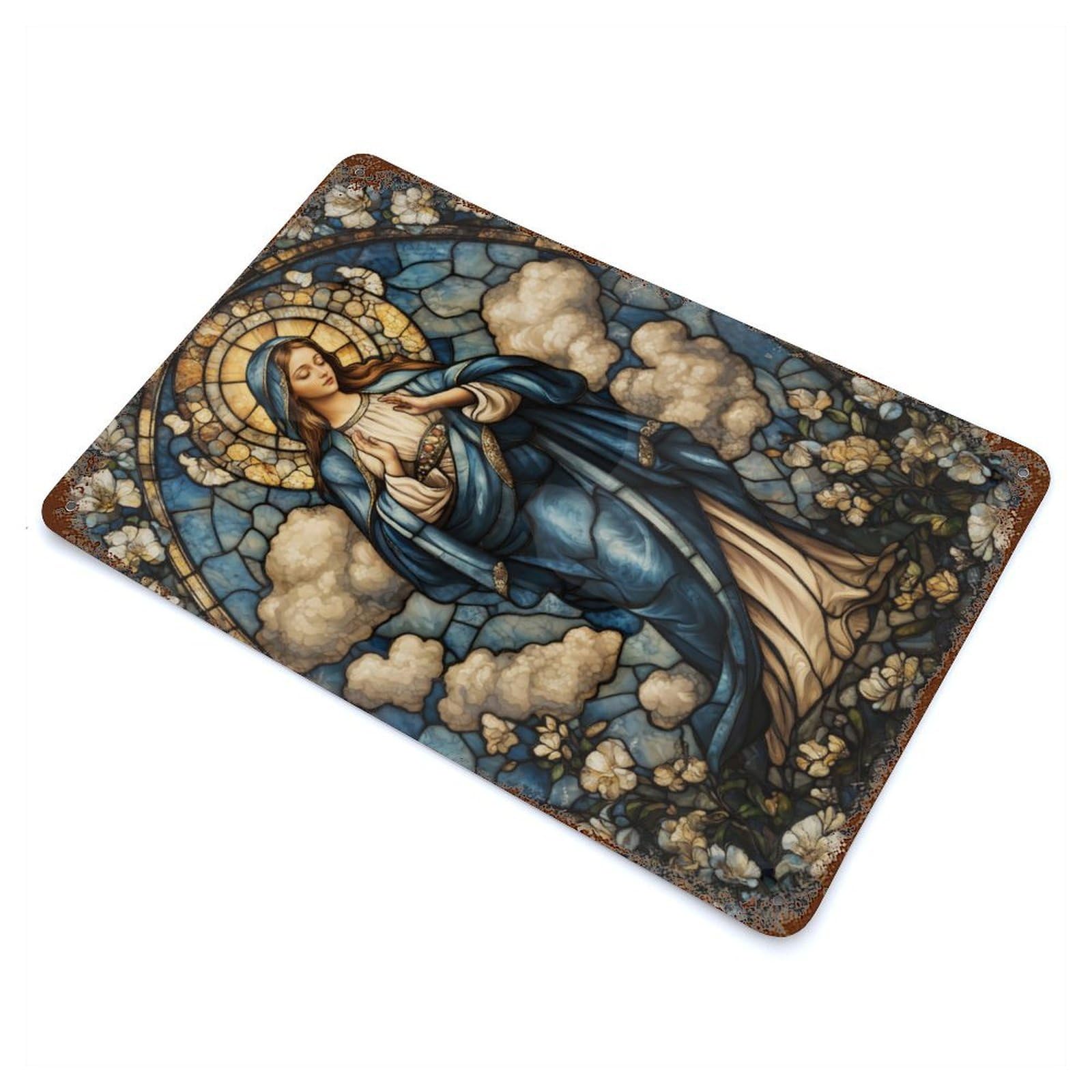 Stained Glass Virgin Mary Rusty Metal Tin Sign 11.8"x7.9", Industrial Home Decor for Garage, Pub Or Kitchen
