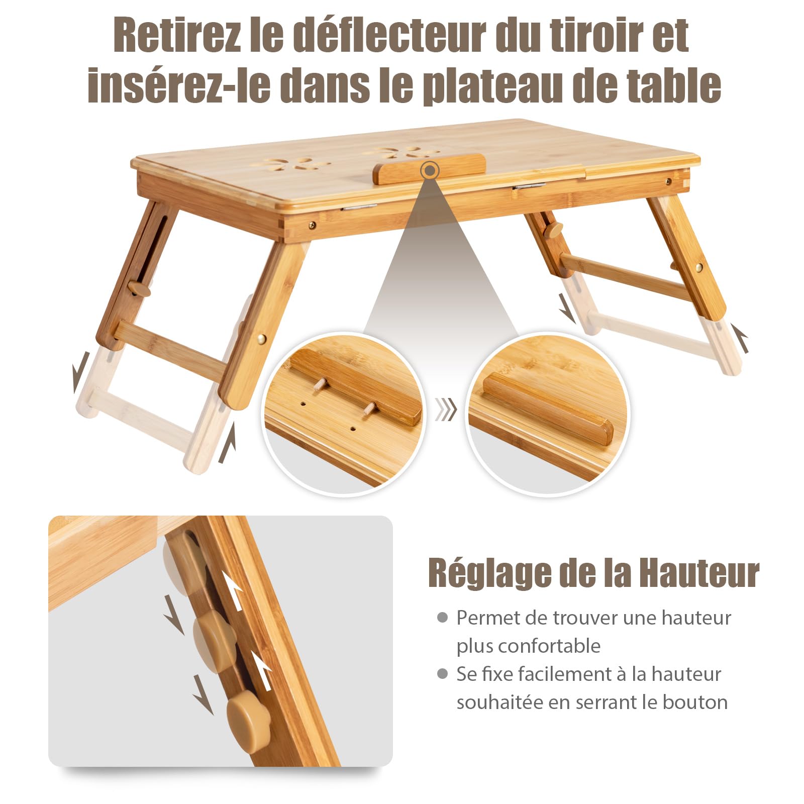 COSTWAY Table de Lit Pliable 53 x 33 cm, Plateau de Lit en Bambou avec Pieds Réglables et Plateau Inclinable, Support d'Ordinateur Portable avec Tiroir et Trous d'Aération (Naturel)