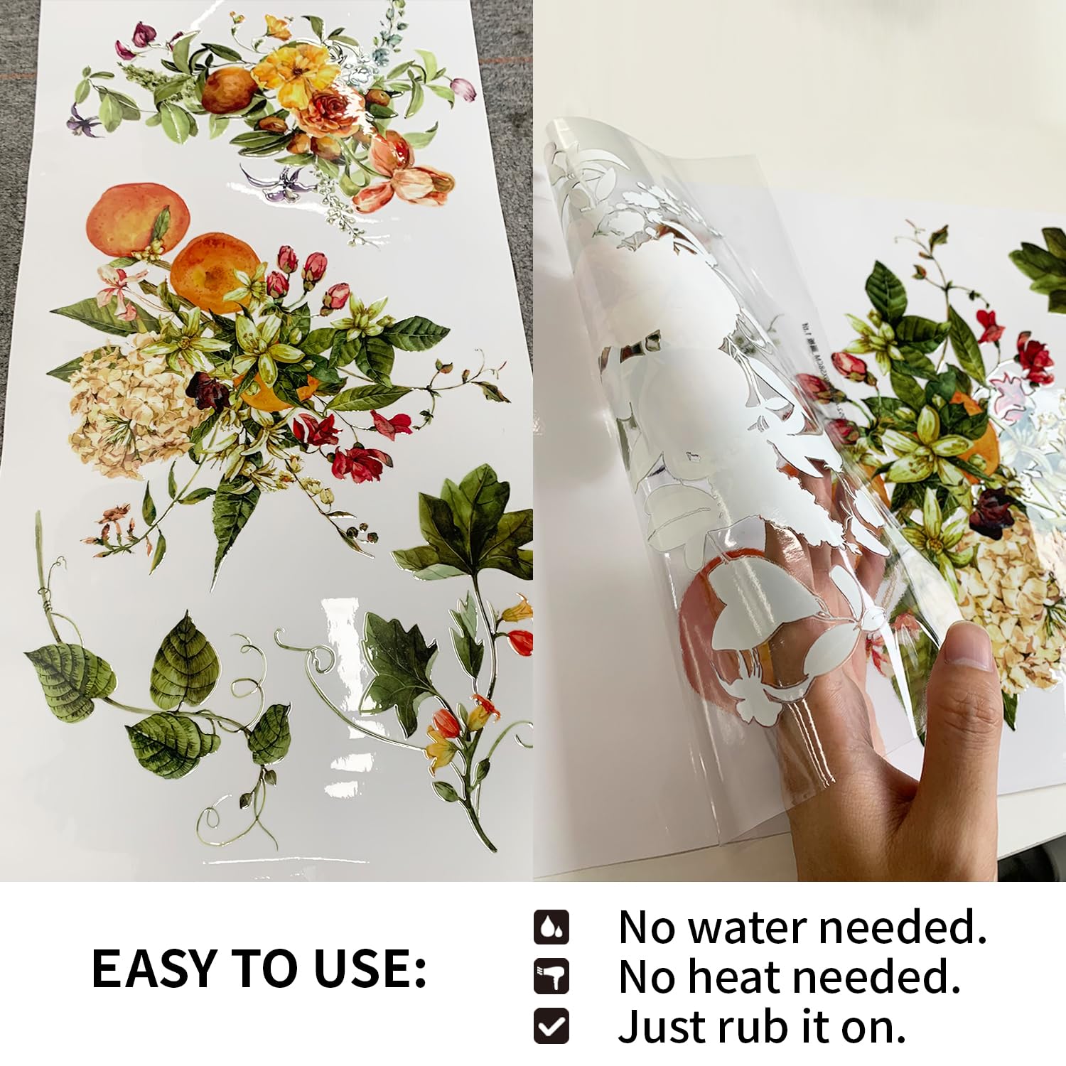 Large Watercolor Floral Rub On Transfer Decal - 29x135cm UV DTF Sticker For Furniture, Nightstand, Wood - View #5