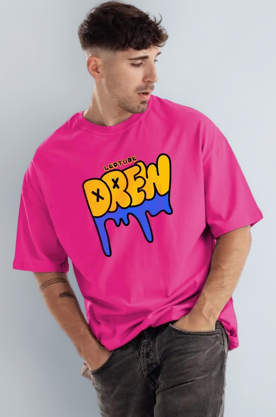 LEOTUDE Half Sleeve Oversized Cottonblend Round Neck Colorful Printed Drop Shoulder Men's T-Shirt (Color Pink)