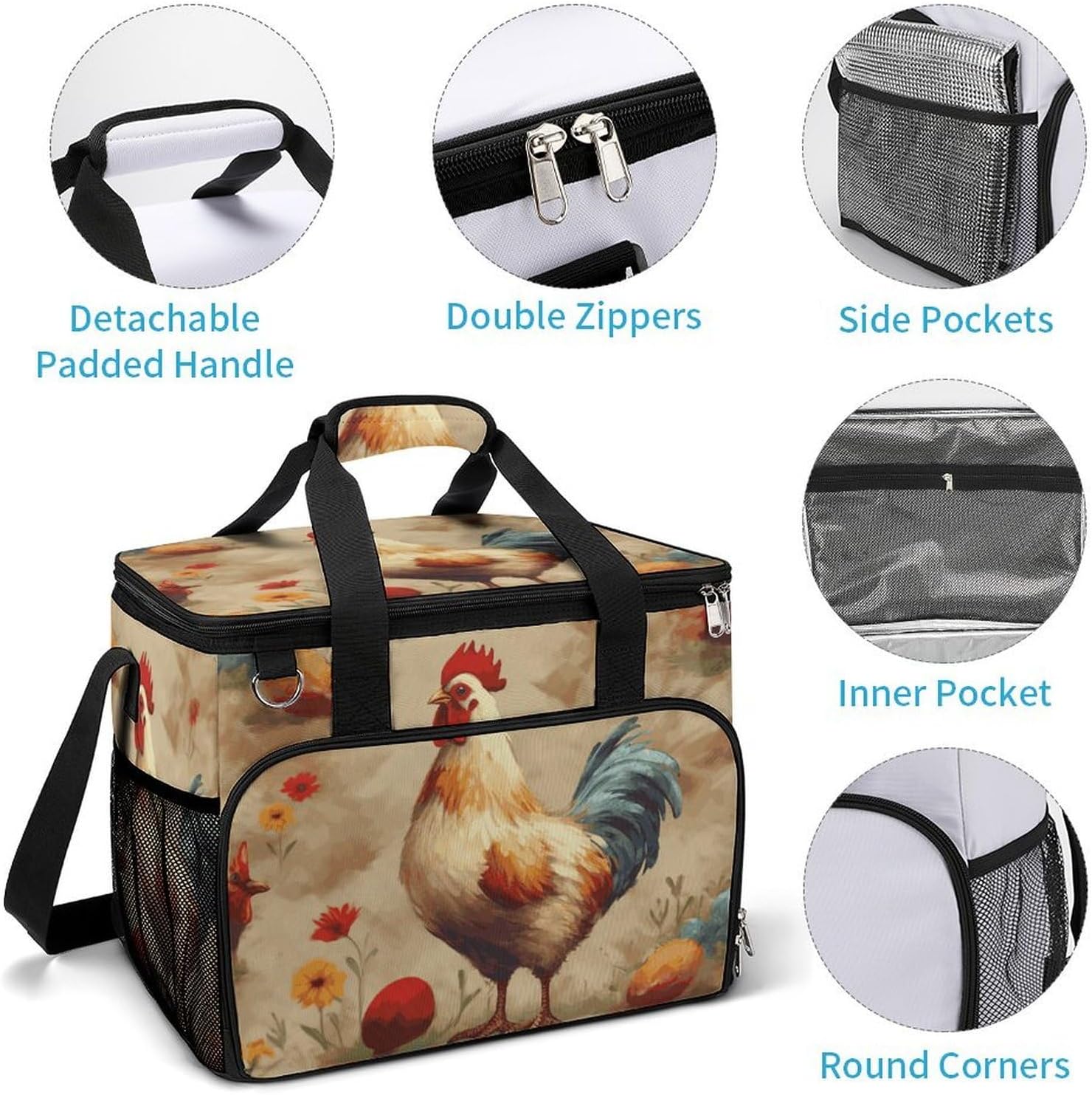 Insulated Picnic Backpack Tote Bag, Large Capacity 30L Art Chicken Animal Painting Cooler Bag Leakproof Beach Bags Portable Lunch Box Waterproof Picnic Basket for Beach Camping BBQ
