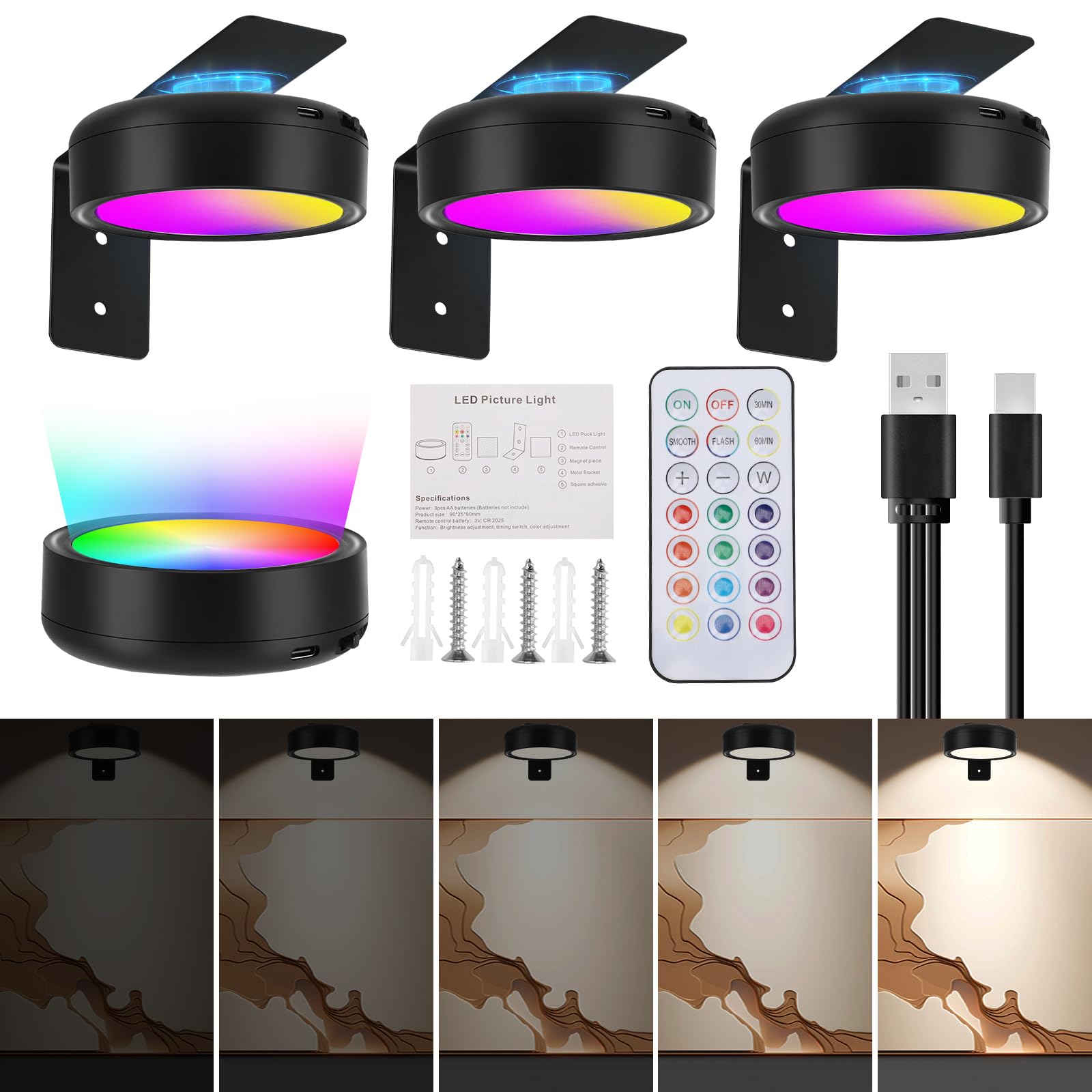 VIHBRAI Wall Lights, 3 Pack LED Wall Lamp with Remote, 13 RGB Dimmable Rechargeable Battery Operated Cordless Lamp, 5 Brightness Magnetic Mounted Sconce for Mural Stairs Living Room Bedroom