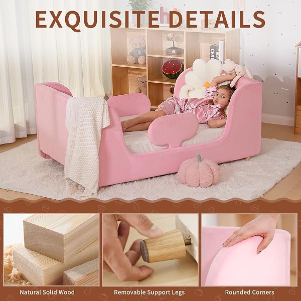 Toddler Bed, Whole Soft Padded Kids Beds with Extra Safety Guardrail, Low Frame Bed for Toddlers Girls Boys Children, 140x70cm (Mattress NOT Included) - 2