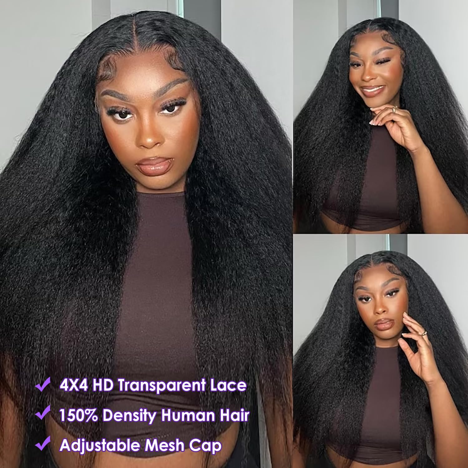 Yaki Straight HD Transparent Human Hair Wigs for Black Women 4x4 Kinky Straight Lace Front Wigs Pre Plucked with Baby Hair 180% Density 24 Inch - Image 2