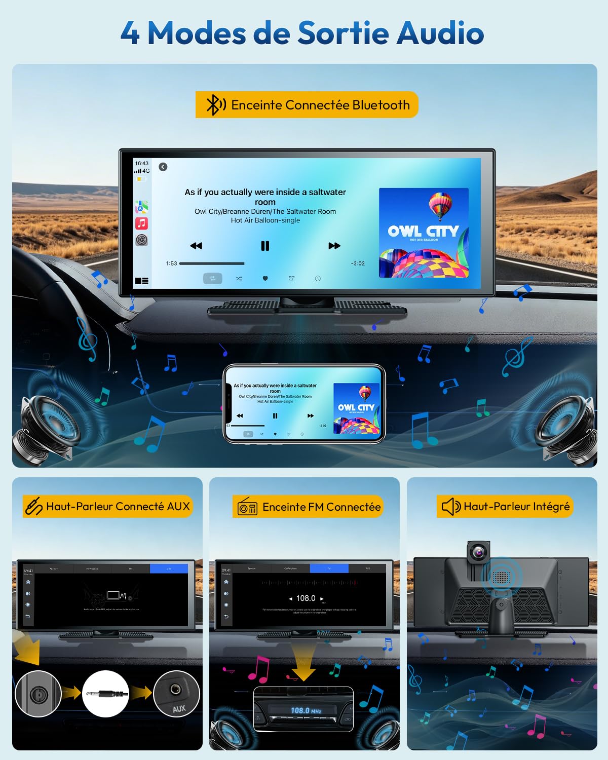 ESSGOO CarPlay Voiture, Supporte CarPlay sans Fil et Android Auto, Écran Tactile IPS 11,3 Pouces, Caméra Avant 4K et Caméra de Recul 1080P, Bluetooth 5.3, GPS, FM, AUX, Mirror Link