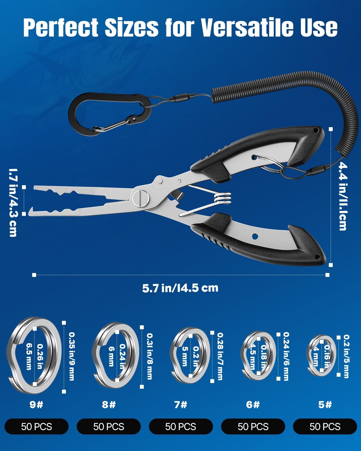 Pawfly 250 Pcs Split Rings and Split Ring Pliers Kit for Fishing, Black-1 | 5 Sizes Fishing Split Rings & Fishing Pliers, Fishing Lure Connectors, Stainless Steel Split Rings for Saltwater & Freshwater