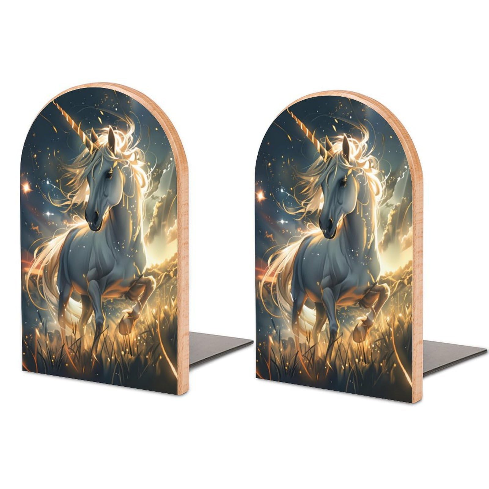 Unicorn Solid Beech Wood Bookends, Decorative Book Ends for Shelves, Non-Skid Desktop Book Organizer for Home Office, Library Decor (1 Pair, 4.7" X 6.7")