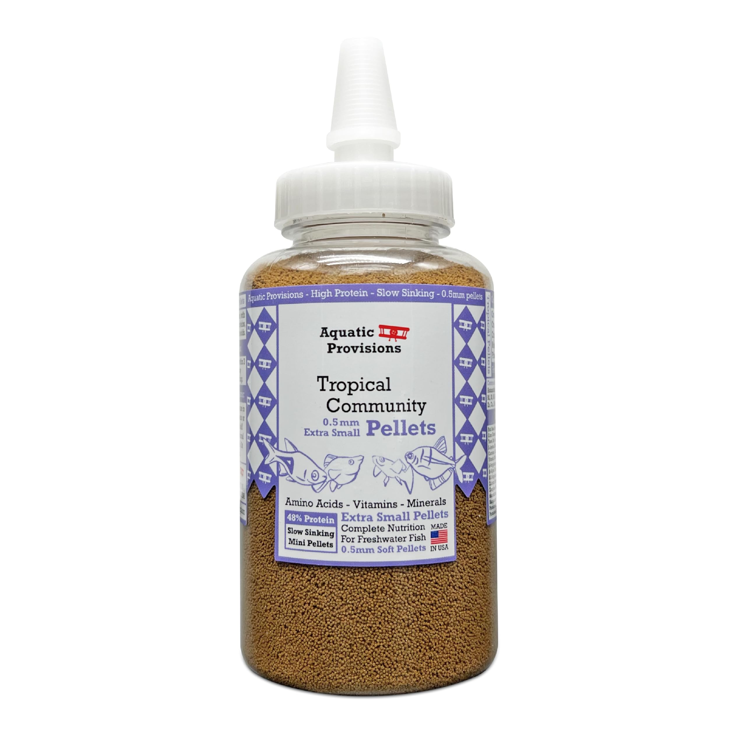 Extra Small Fish Food Pellets 4.23 oz, Sinking 0.5mm Size, High Protein, for Tropical Community Aquariums