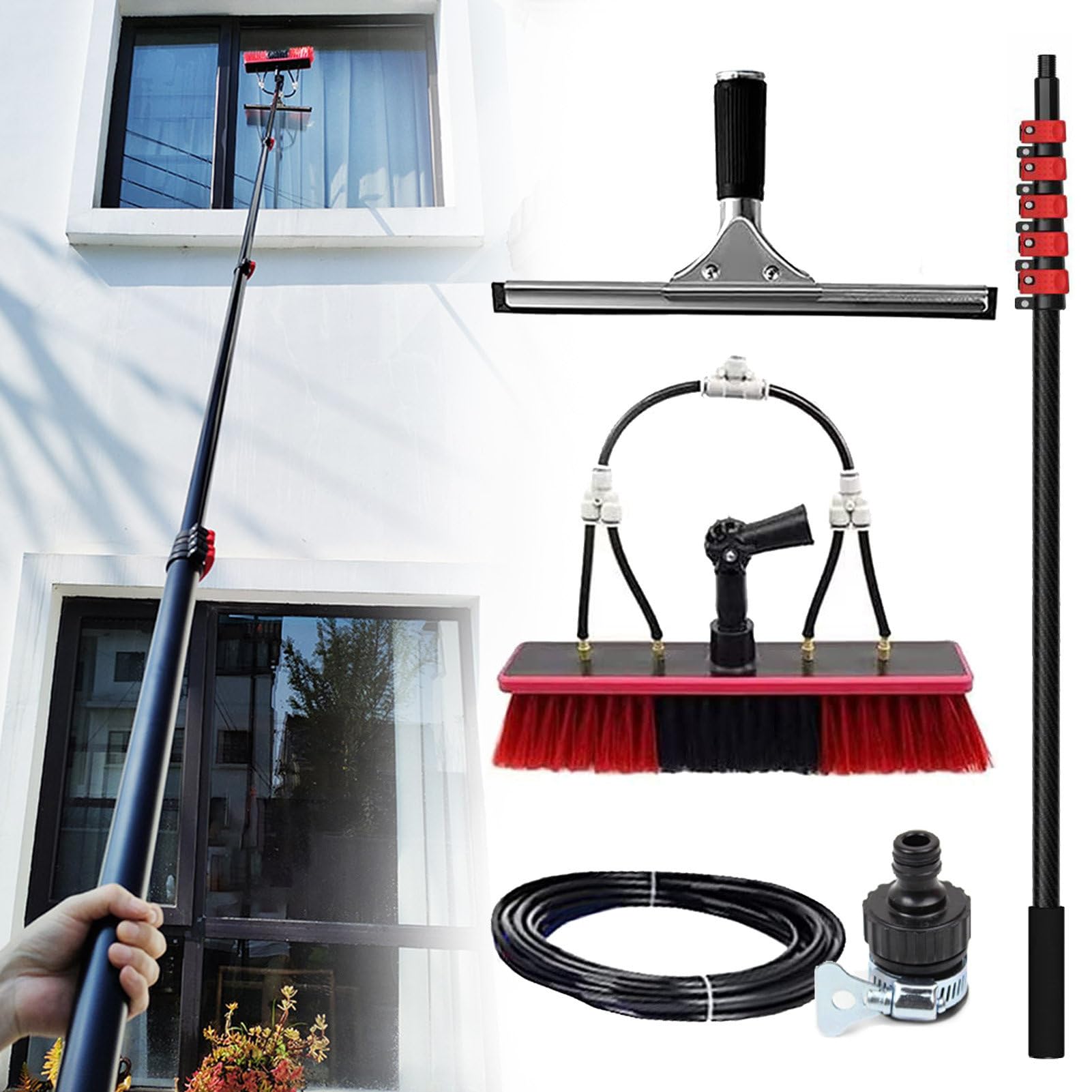 GHFXSCV Telescopic Window Cleaning Pole - 12m & 8m Extendable Water Fed Brush & Squeegee Long Reach Cleaner for Conservatory Roofs Hose Connector for Easy Outdoor Maintenance