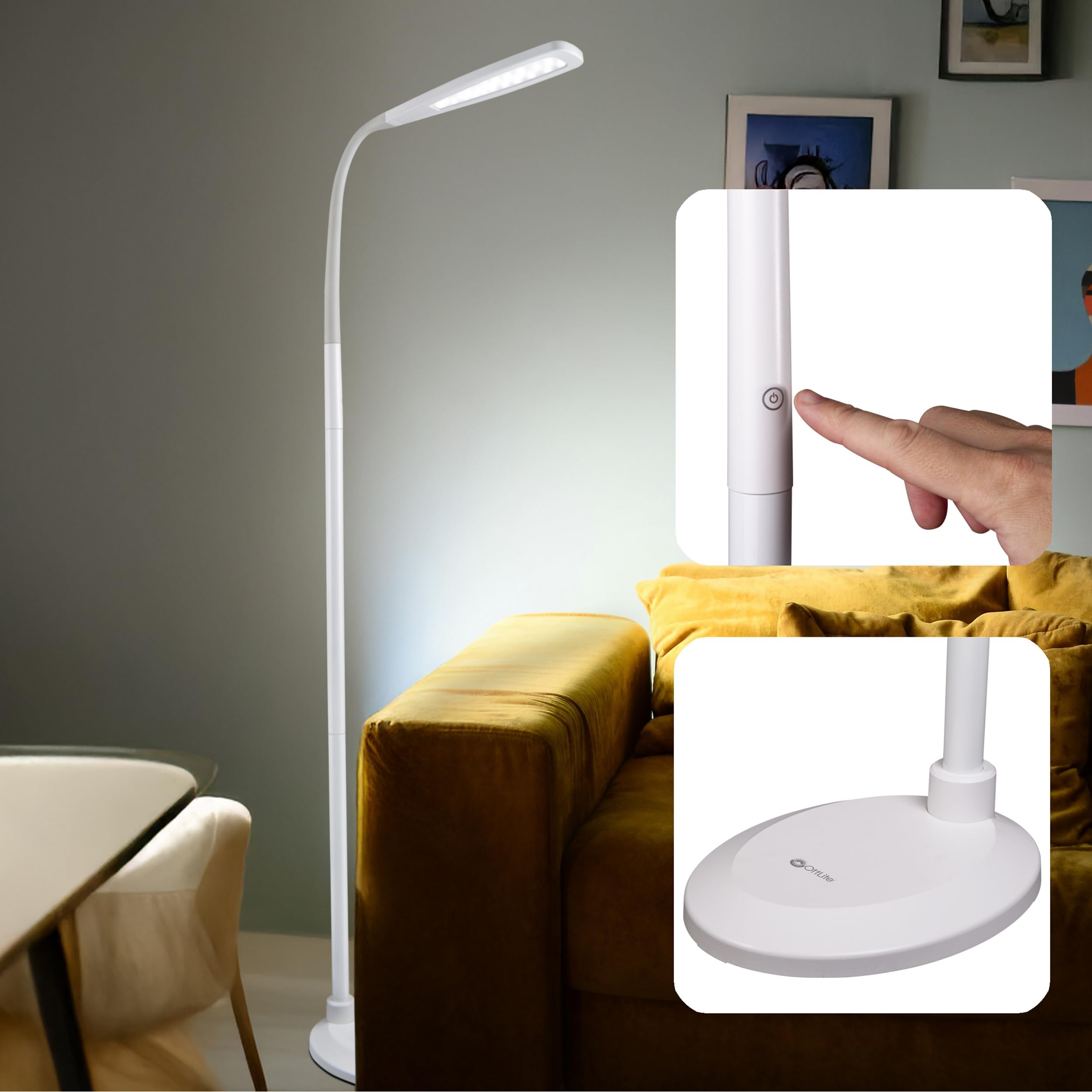 OttLite ClearSun Flex LED Floor Lamp - Touch Activated Controls, Adjustable Neck, Smart Memory Feature - Great for Office, Home, Dorm, Bedroom, College, & Living Room, Floor Lamp with Reading Light