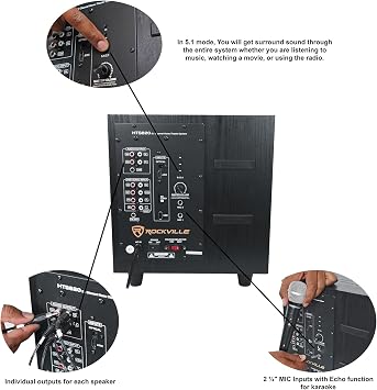 Rockville HTS820 1500W 5.1 Channel Home Theater System with 8 Subwoofer, Bluetooth, USB, Includes Remote and Speaker Mounts - Perfect for Movies, Music, Karaoke | 1500W Peak/375W RMS, USB/SD Inputs, Optical TV Input, Karaoke Mic Inputs, LED Light Effects, 5-Band EQ