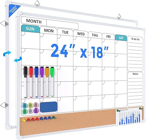 MaxGear Monthly Calendar Whiteboard Dry Erase Cork Board for Wall, 24"x18" Double-Sided Dry Erase White Board Calendar with Bulletin Board, Hanging