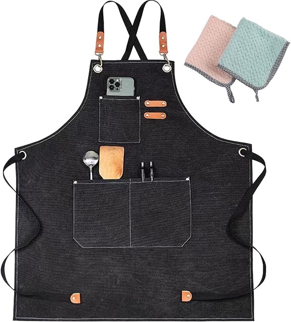 JINSHANGTOPK Chef Apron, Aprons for Men, Adjustable Strap Cotton Canvas Cross Back Apron with Large Pockets for Women and Men Kitchen Cooking Baking Bib Apron(Black)