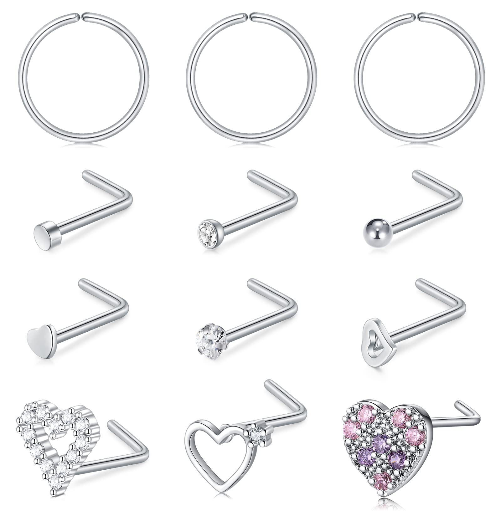 WillTen 20G Piercing Nariz Aro C y L Forma Acero Quirurgico Diamante Nostril Piercing Labio Oreja Cartilago Tragus Helix Joyería Piercing del Cuerpo Mujer Hombre