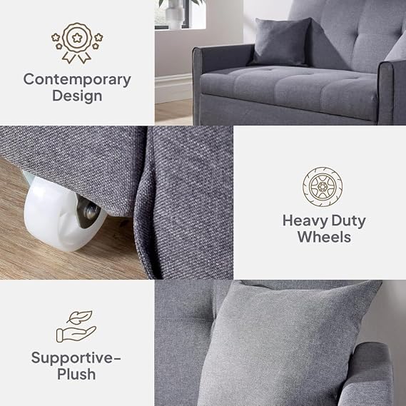 Home Source Charleston Convertible Sofabed, 2 Seater Pull Out Sofa Bed, Linen Fabric, Compact Living Room/Guest Bed – Dark Grey