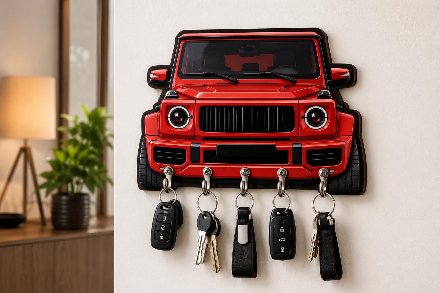 Wooden Key Holder for Wall | 5 Hooks MDF Key Rack | Wall Mounted Key Organizer for Home Entrance, Garage, Office & Car Lovers (Red SUV)-image-4