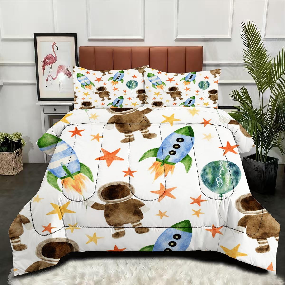 Couette 240 x 260 cm Astronaute lit deux personnes avec parure de lit microfibre lavable