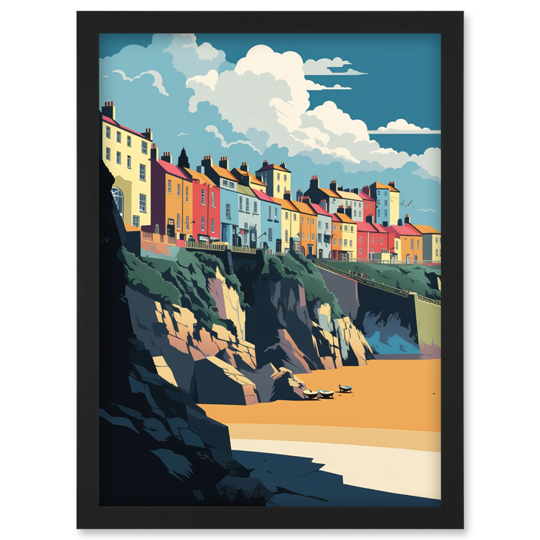 Artery8 Tenby Harbour Beach Coastal Town Illustration Artwork Framed Wall Art Print A4