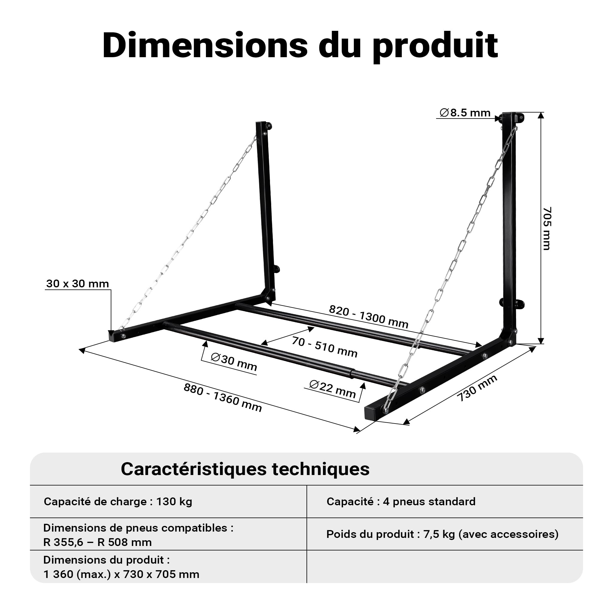 WilTec Support Mural pour 4 Pneus Rangement Pneus Porte-Roues Stockage Arbre à Jantes Étagère pour pneus