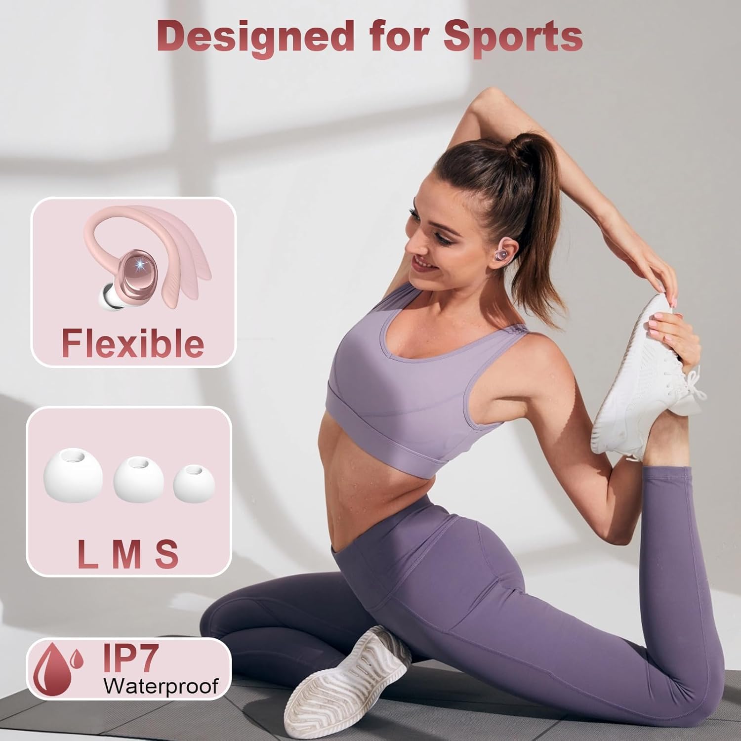 Auriculares Inalámbricos Bluetooth Deportivos, 60H Auriculares Bluetooth 5.4 con HiFi Estéreo, 4 ENC Mics, 2026 Cascos Inalambricos con Cancelación RuidoI/IP7/USB-C Auriculares para Correr Oro Rosa