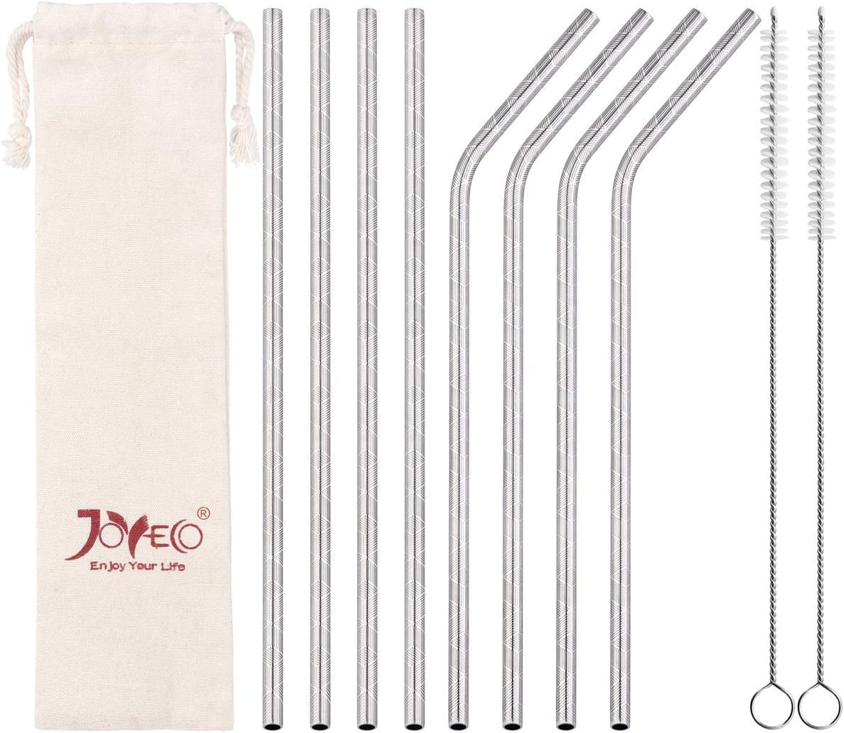 JOYECO Reusable Metal Straws Stainless Steel Drinking with Travel Case, 8.5 inches Drink Straw for 20oz Tumblers Rumblers Beverage (4 Bent 4 Straight 2 Brushes), Antique Silver Pattern
