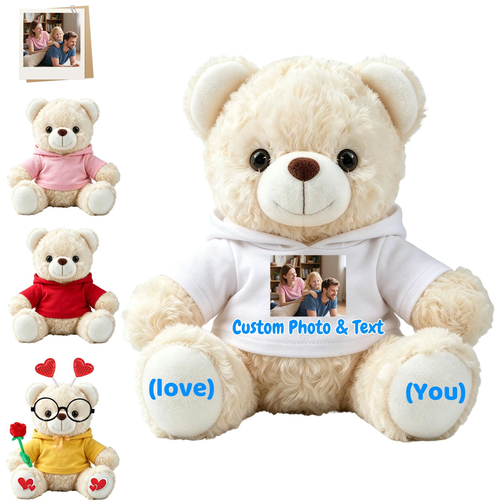 FAHOXUMR Custom Teddy Bear Stuffed Animal with Photo and Text for Boyfriend Girlfriend, 8 Inch Soft White Teddy Bear with Clothes as Gift for Valentine Christmas Anniversary Graduation