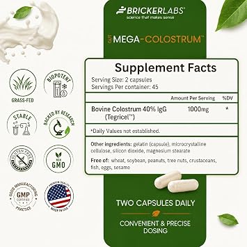 Bricker Labs Mega-Colostrum Capsules, Gut Health, Immunity, Skin & Hair, 1000 mg Bovine Colostrum Supplement 40% IgG, Rich in bioactive proteins, Growth Factors and antibodies, 45 Servings