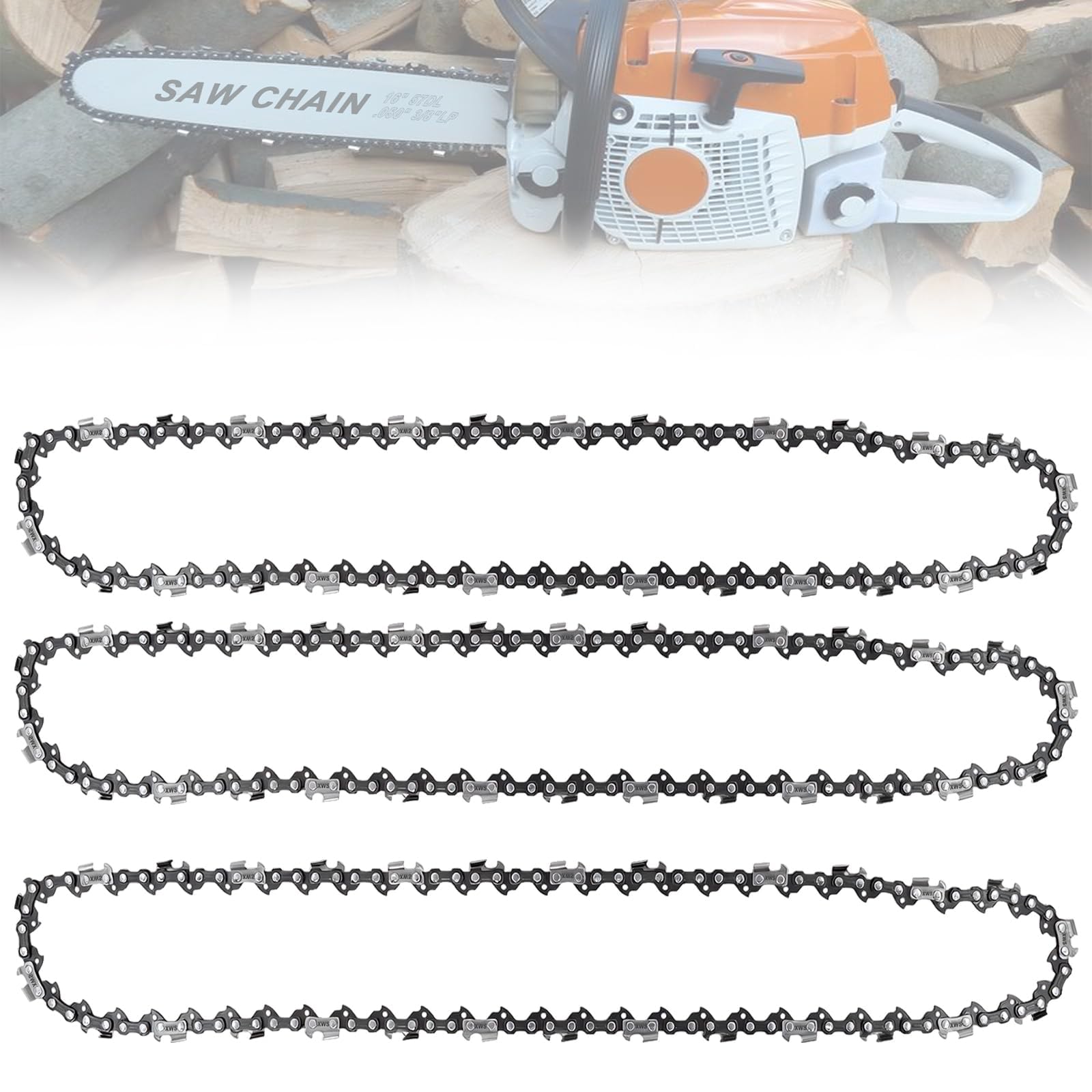 3 Pack 16 Inch Chainsaw Chain 3/8" LP Pitch .050" Gauge 57 Drive Links- Semi Chisel Saw Chains for 16" (40cm) Bar Compatible with Titan, Black & Decker, Einhell, Ryobi and More