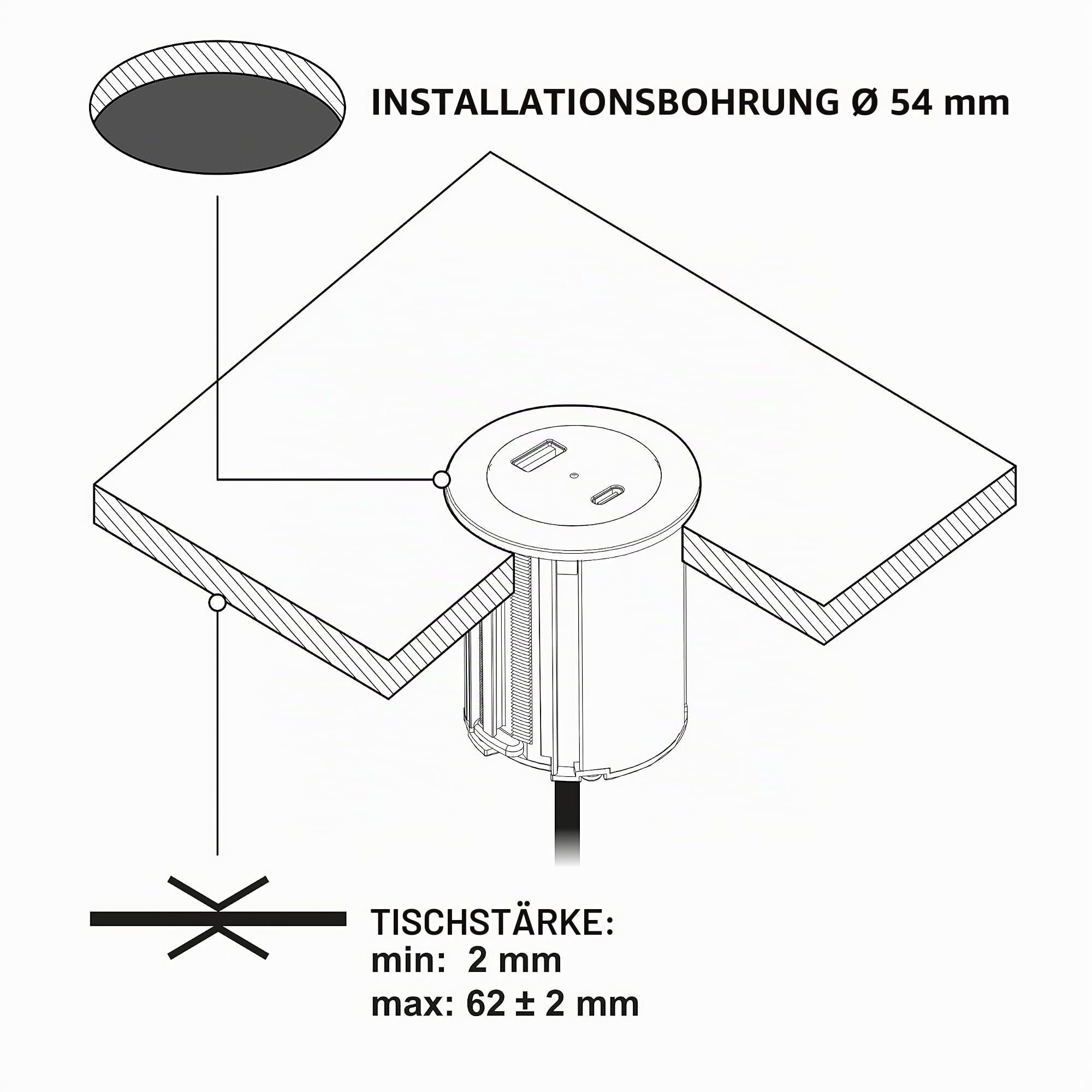 Electraline Tischplatte Grommet Einbausteckdose/Tischsteckdosenleiste/Tischsteckdose mit C Power Delivery zum Laden von Computern + 1 typ A 3.0A Q.C. 3M Kabel, D54-60mm, Schwartz, 2 USB (A+C) P.D. 45W