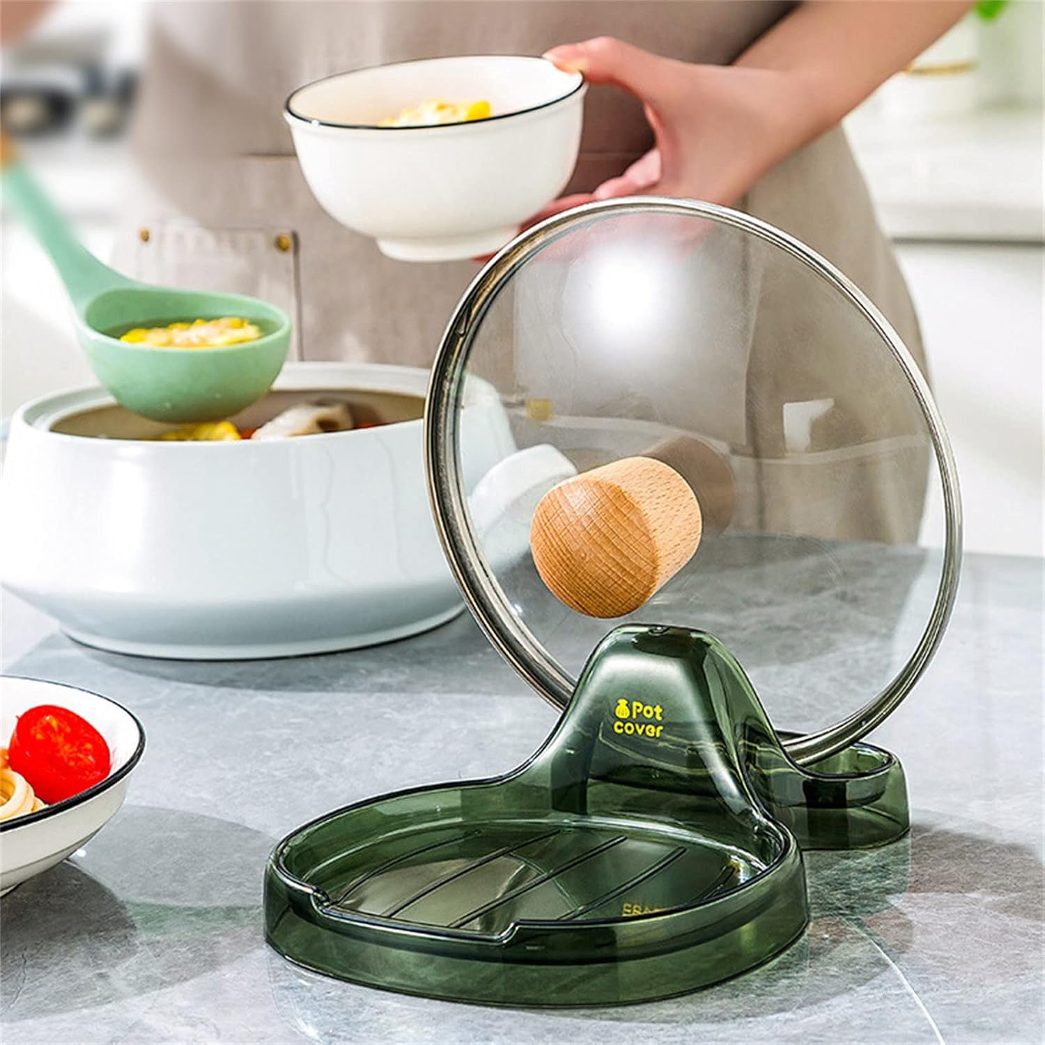 Soporte para espátula de cocina multifunción con soporte para tapa, soporte versátil para tapa de olla resistente al calor y respetuoso con el medio