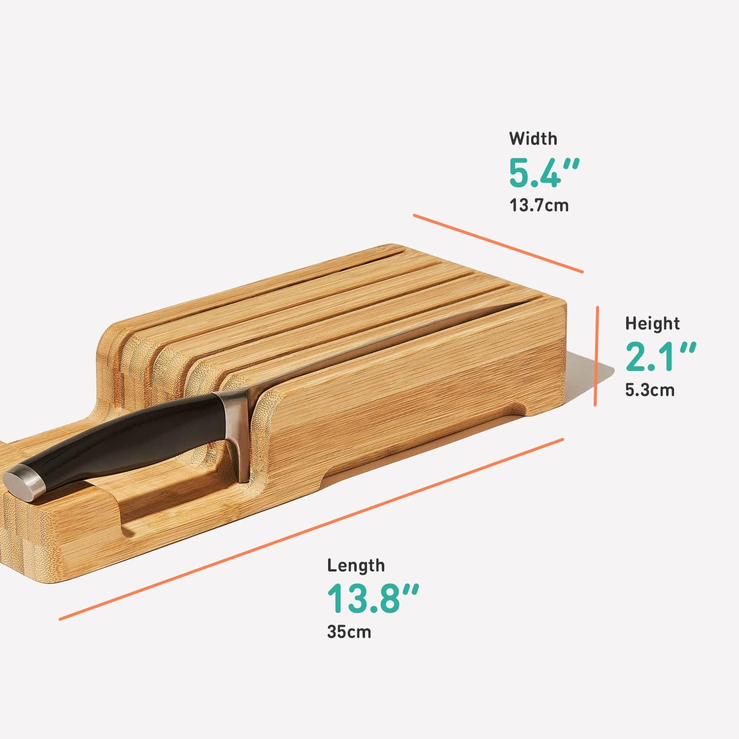 Bamboo Knife Block and In-Drawer Storage, Display Stand and Organizer, Holds to Five 8 Inch Knives, Hand Finished Sustainable Bamboo - 13.78 L x 5.4 W x 2.1 H Inches, Knives Not Included Gen 2