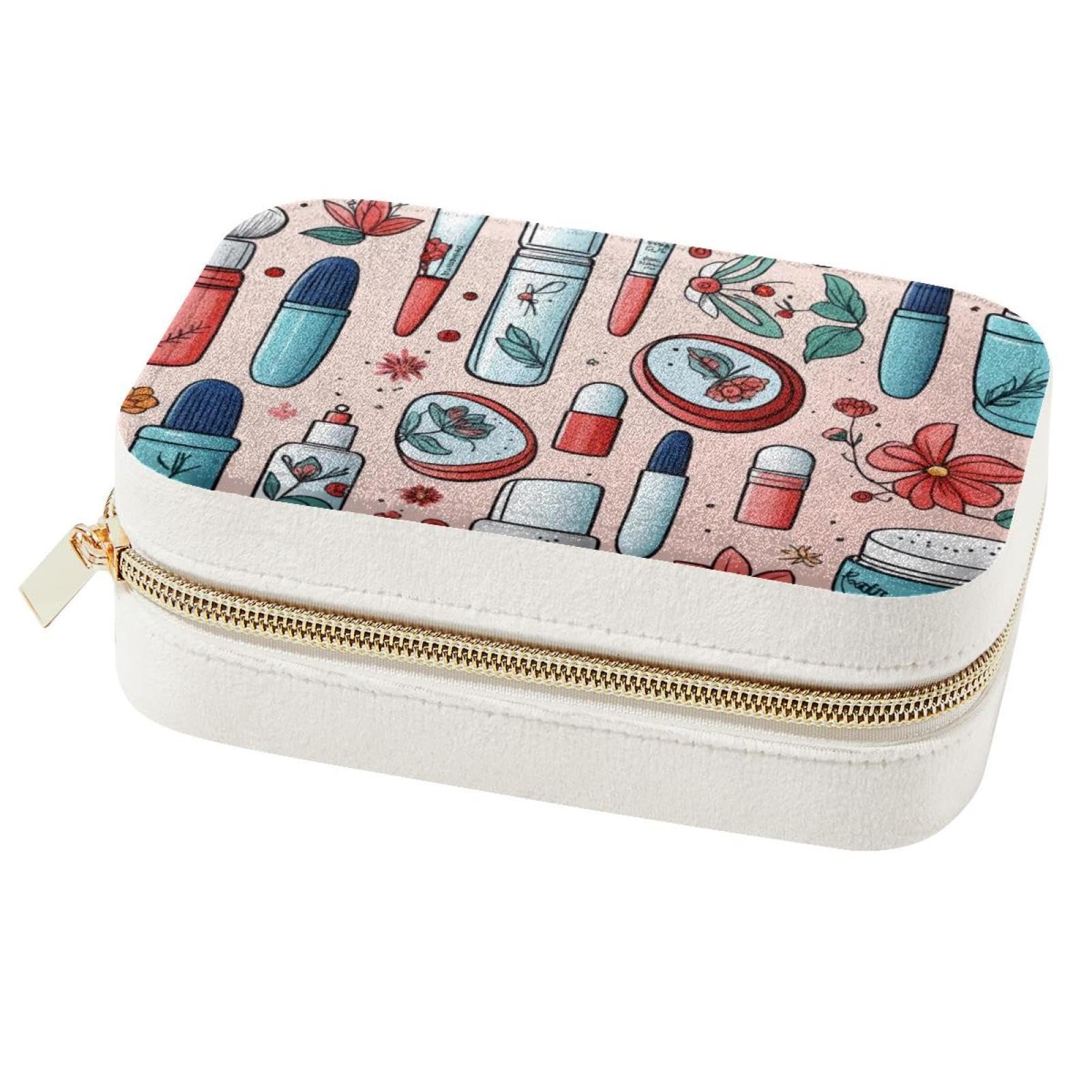 Boîte à bijoux pour jeunes filles à motif cosmétique chic, mini organisateur de voyage rose