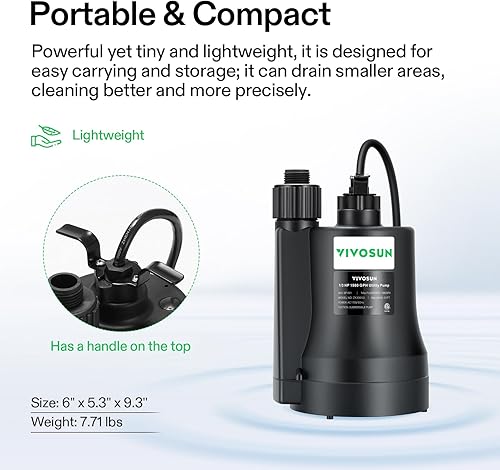 Miniatura 5 de VIVOSUN Bomba de agua sumergible, bomba utilitaria de 13 HP 1980 GPH, bomba de sumidero termoplástico con cable de 10 pies, compacta y portátil,