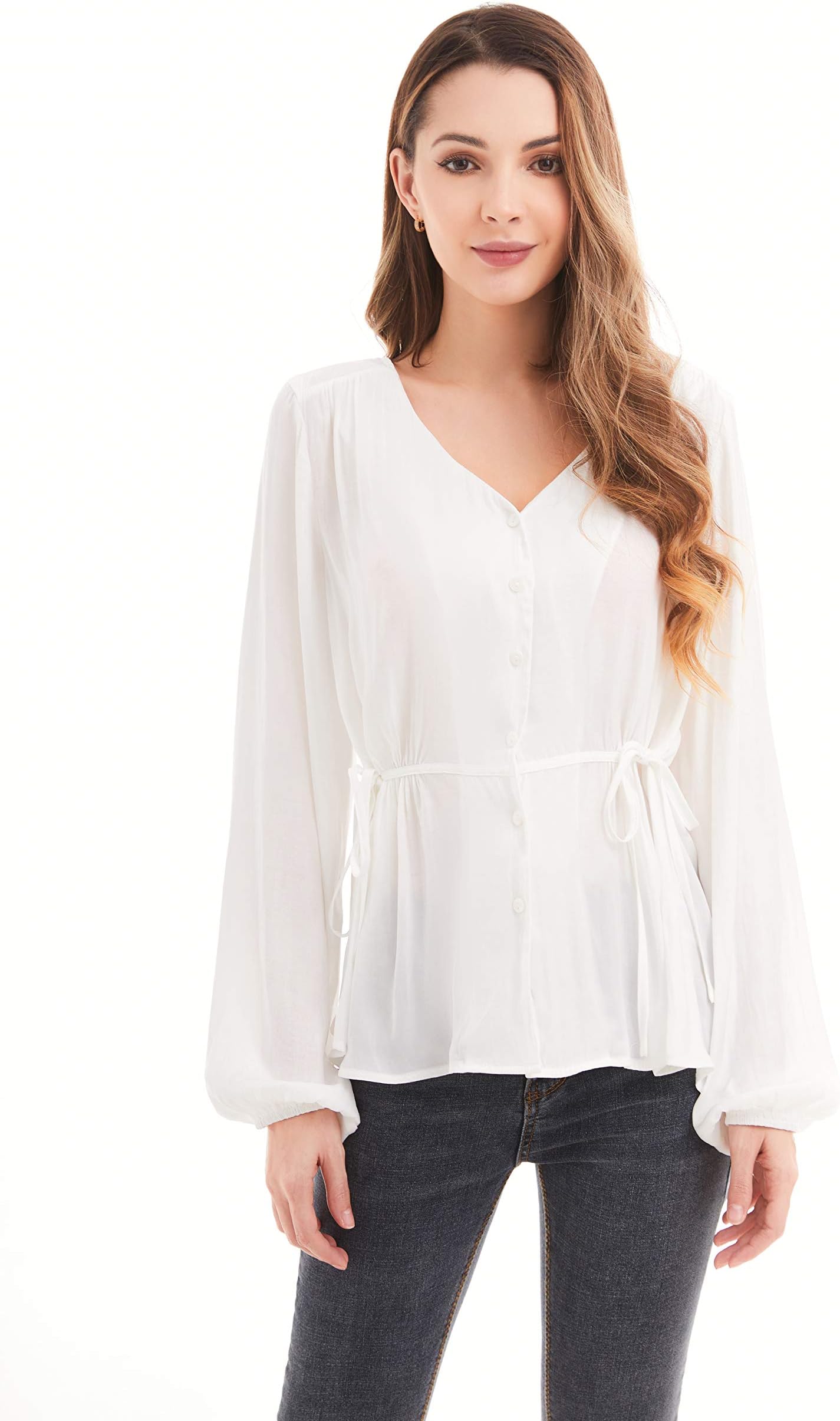 NEW TRENDLadies casual V-neck button shirt solid color waist T-shirt top