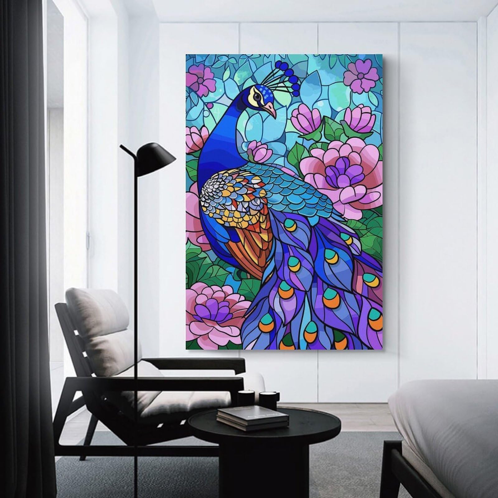 Junmoney Wall Picture Print Stained Glass Peacock with Flowers, 24x36inch(60x90cm), for Living Room, Lounge Or Sitting Room, Modern Wall Decor for Cosy Interiors